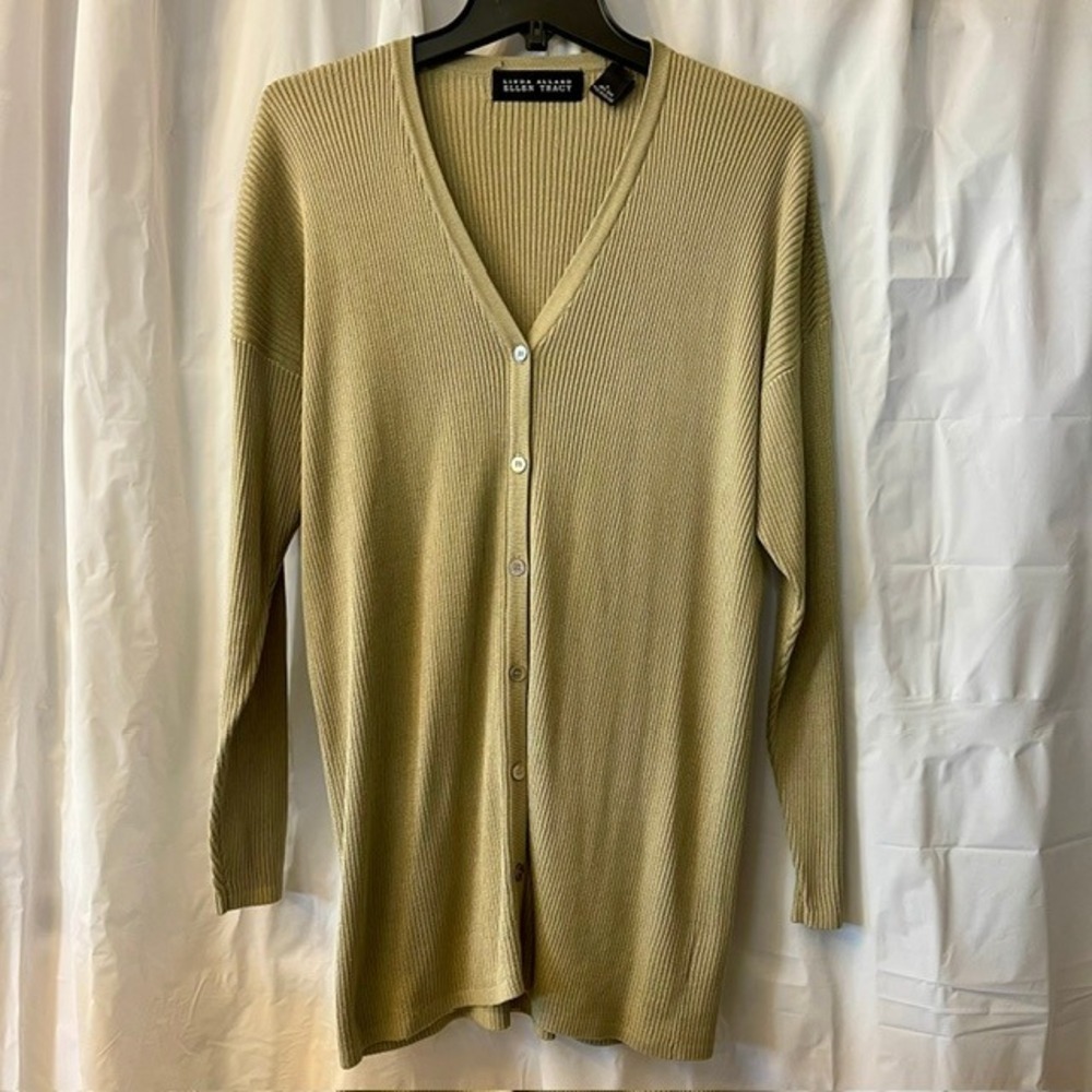 Vintage 90s Linda Allard Ellen Tracy Silk Ribbed V-Neck Cardigan Quiet Luxury L